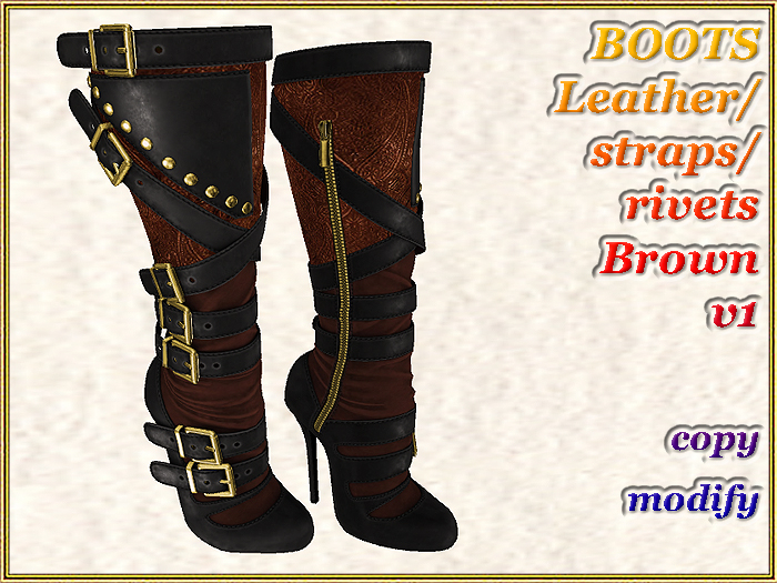 Second Life Marketplace BOOTS Leather/straps/rivets Brown v1 (No
